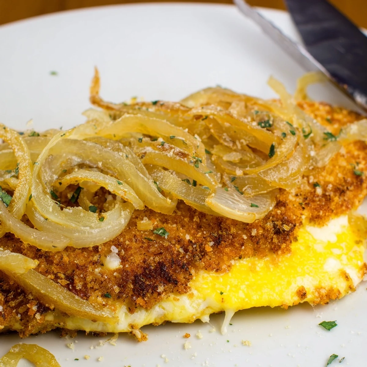 Warm Crispy Chicken Caramelized Onions Melted Cheese topped with parsley, steamy and savory