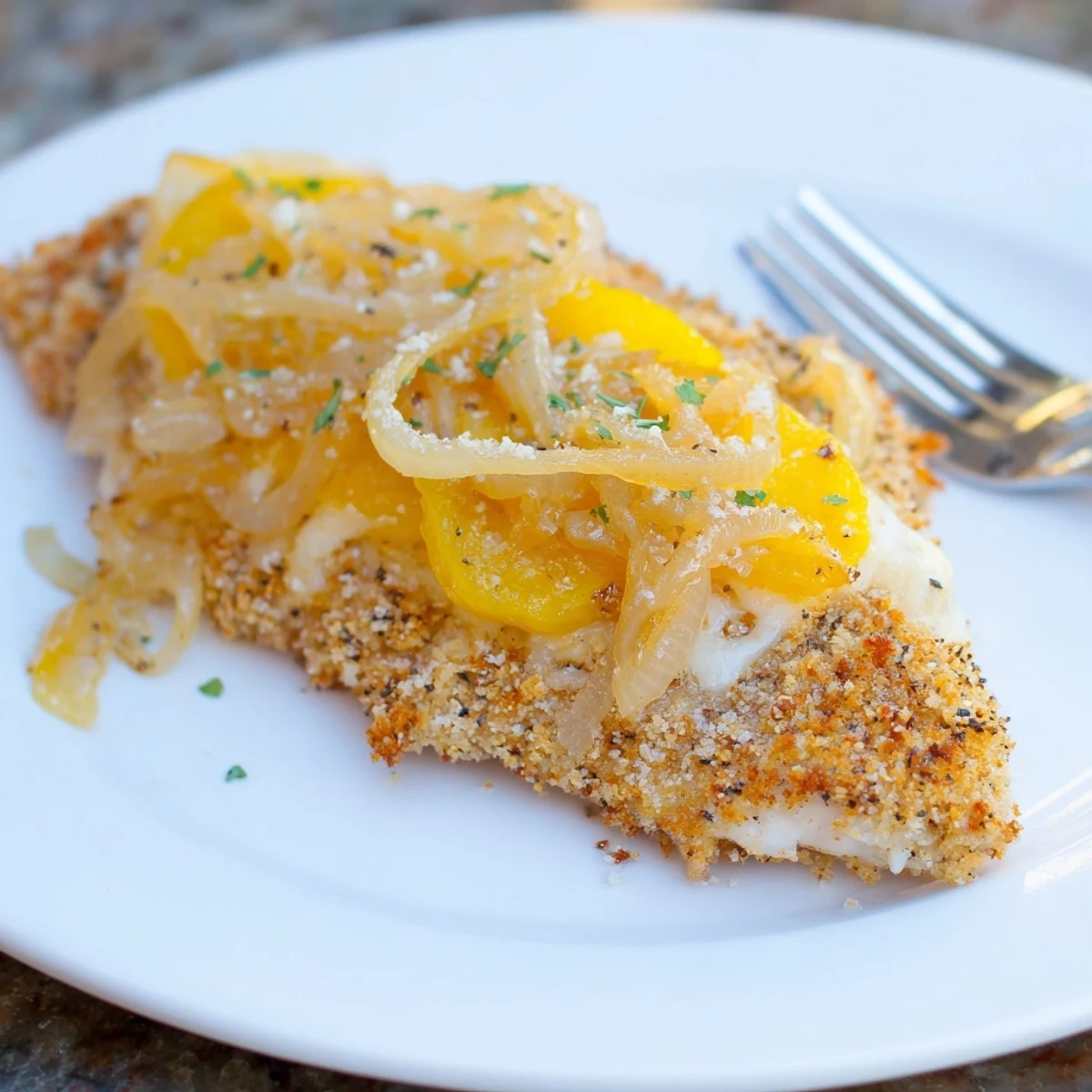 Weeknight Crispy Chicken Caramelized Onions Melted Cheese served with crisp green salad