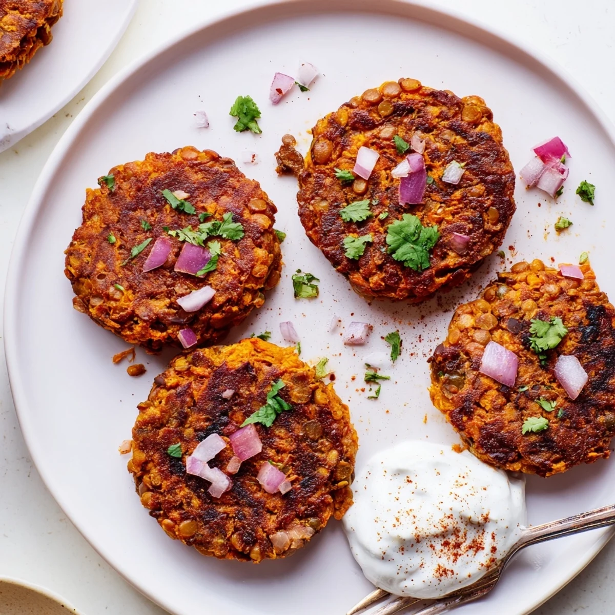 Golden Crispy Sweet Potato Lentil Patties sizzling in skillet, herb speckled and warm