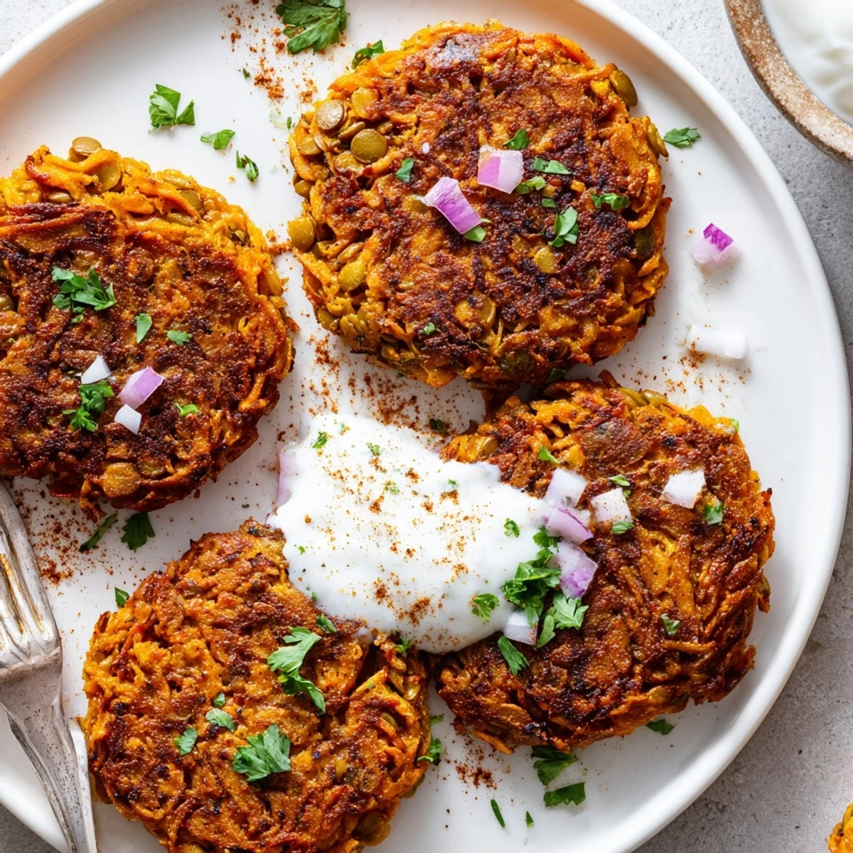 Crispy Sweet Potato Lentil Patties stacked on plate with cooling yogurt dip