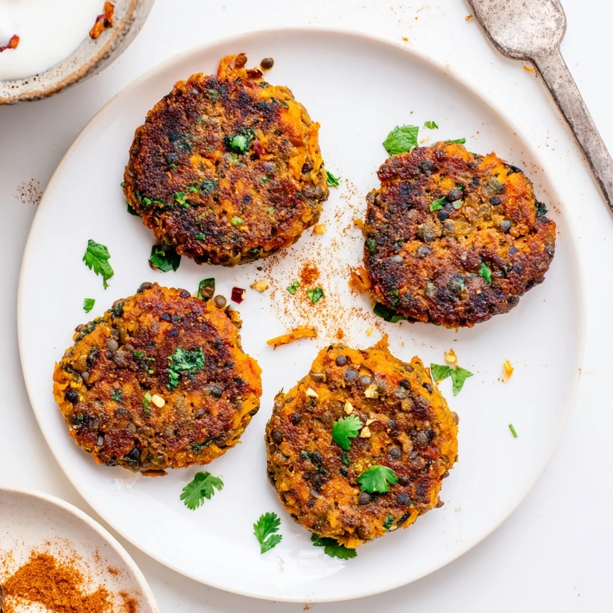 Homestyle Crispy Sweet Potato Lentil Patties boasting crunchy edges, served with avocado