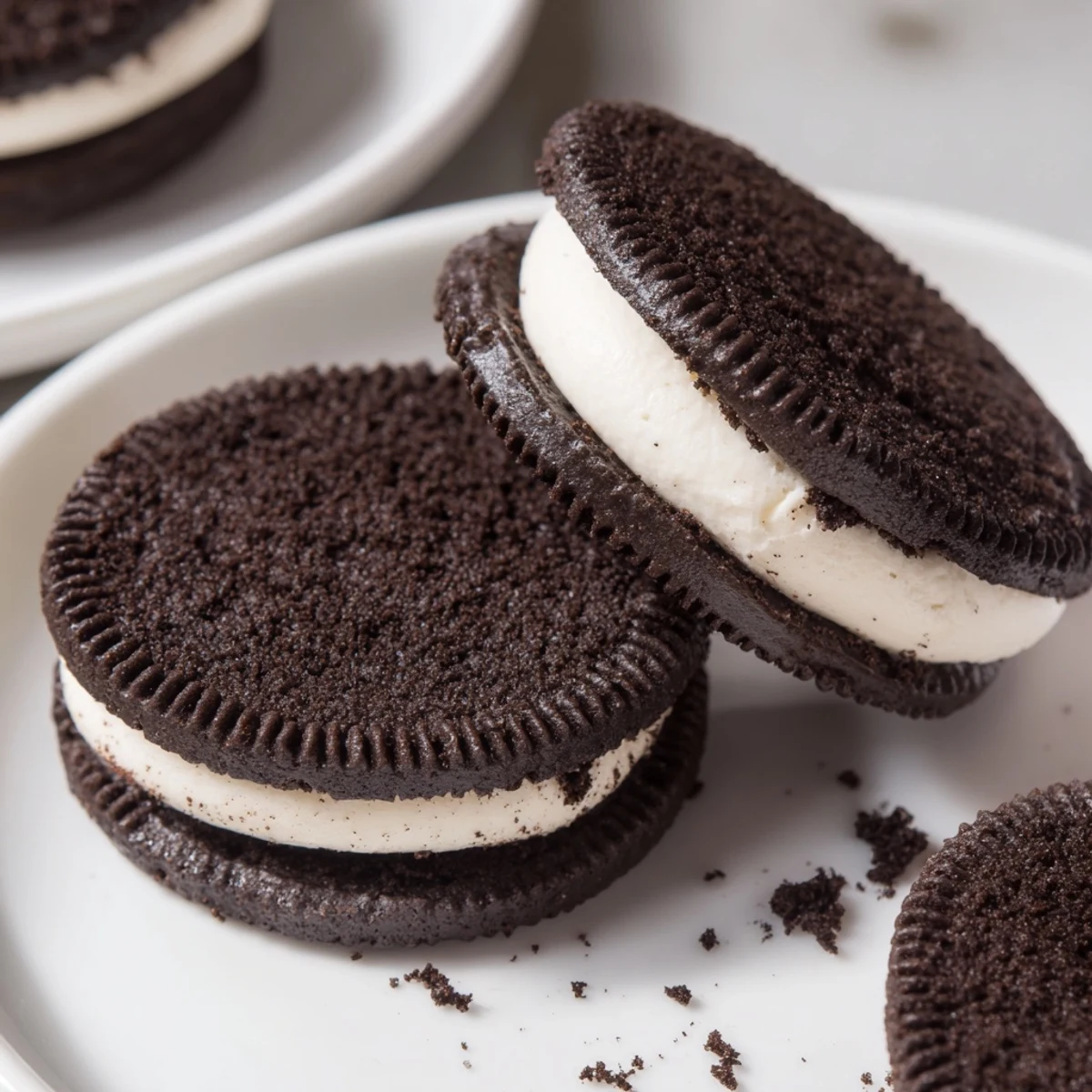 Homemade Oreo Style Cookies arranged on a wire rack, chocolatey, slightly crumbly.