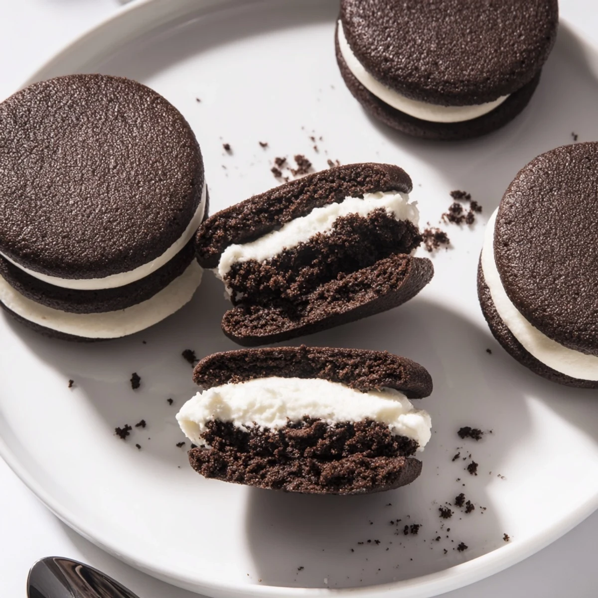 Fresh-baked Homemade Oreo Style Cookies cooling on parchment, aroma of cocoa.