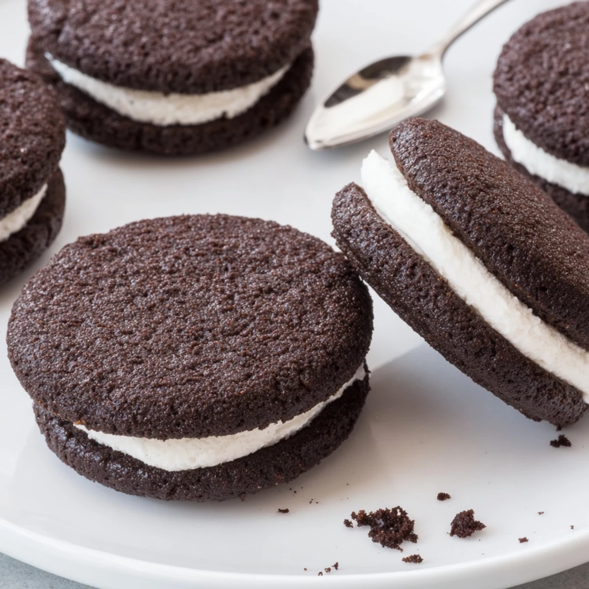 Stacked Homemade Oreo Style Cookies with creamy vanilla filling, perfect for dunking.