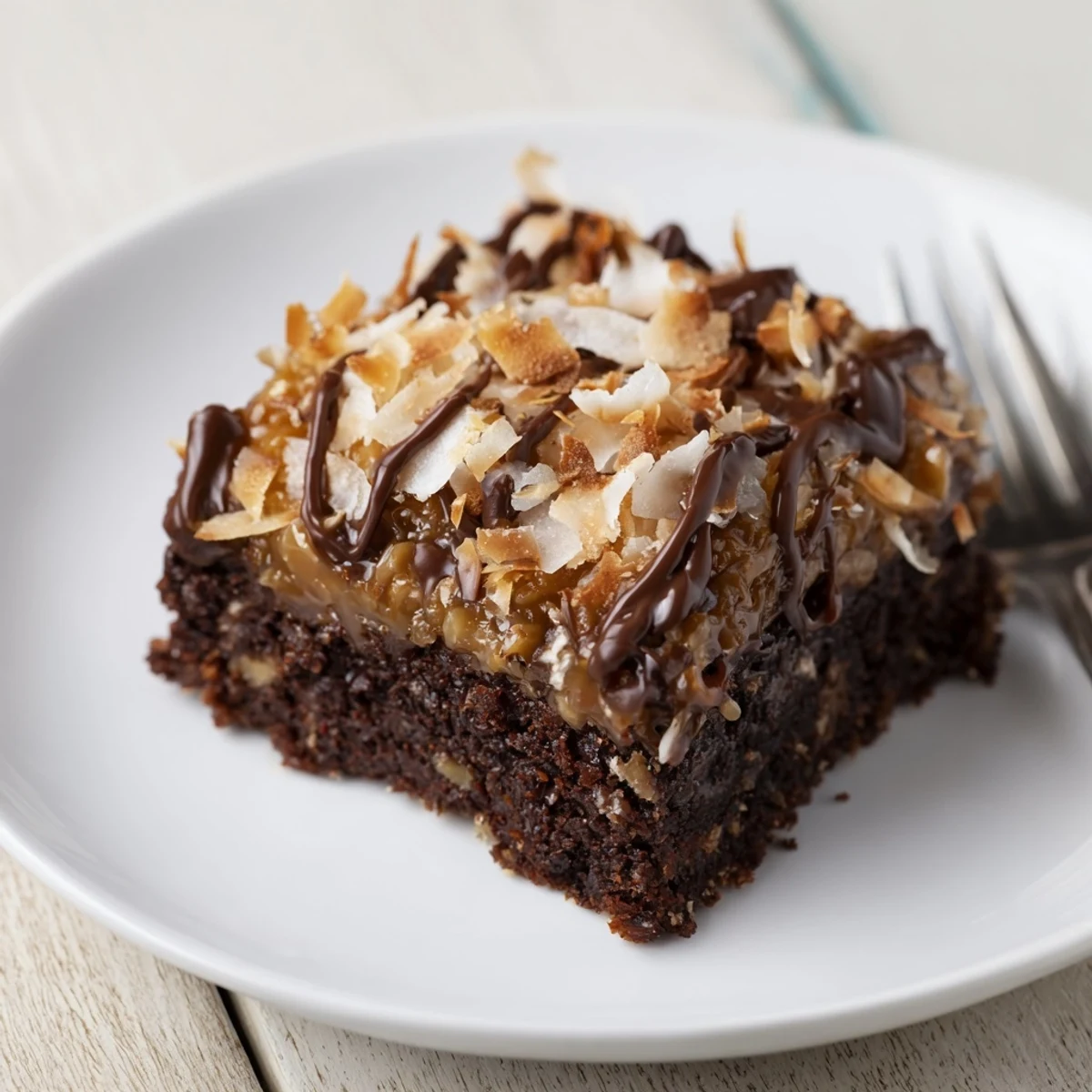 Warm Samoa Brownies on parchment, fudgy center, coconut caramel topping
