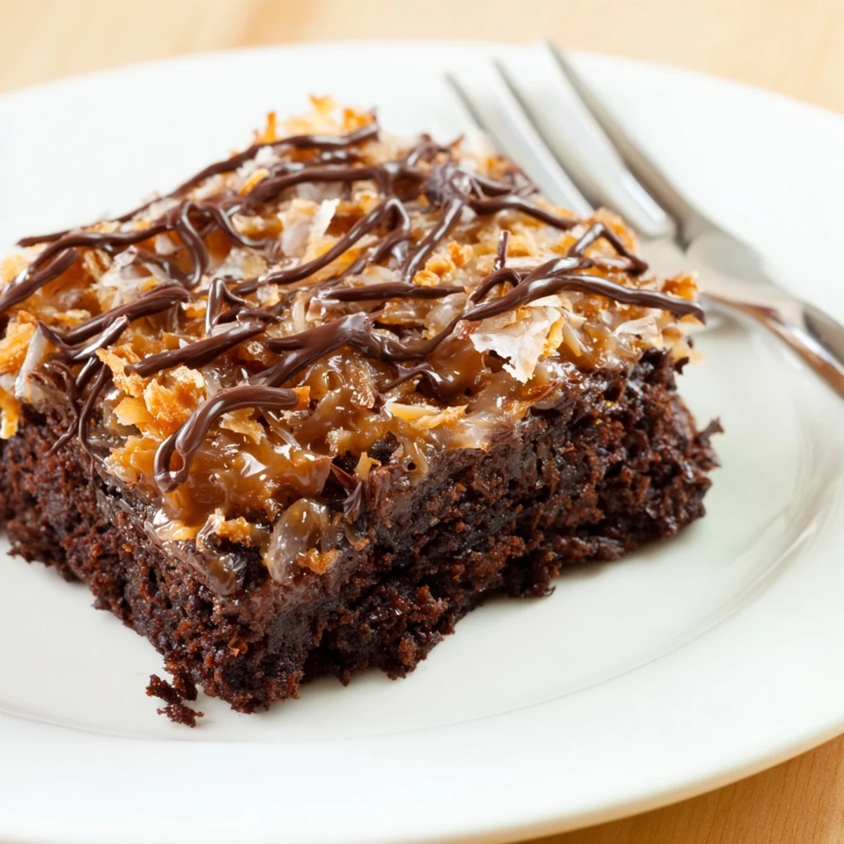 Samoa Brownies with gooey caramel and toasted coconut, glossy chocolate drizzle