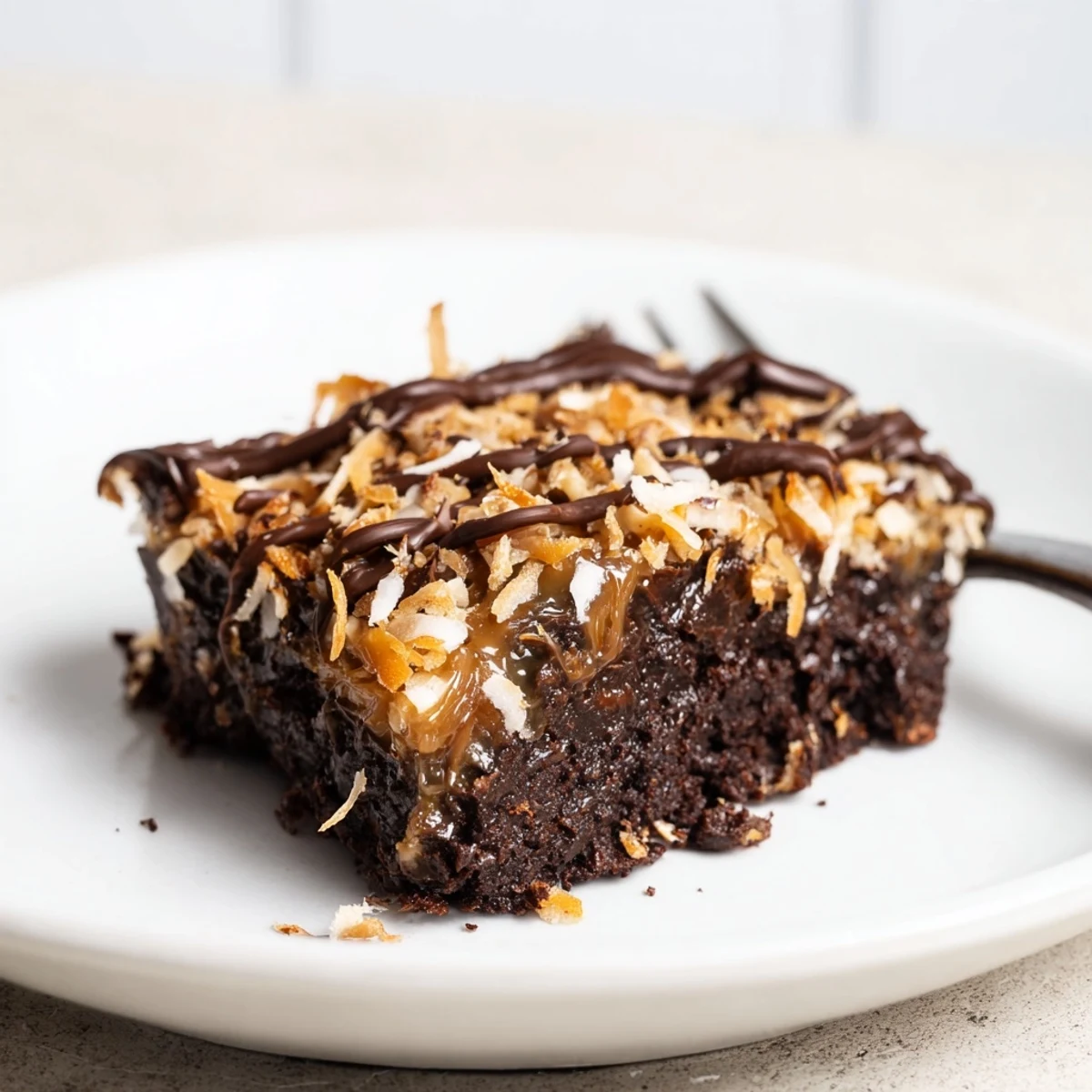 Slice of Samoa Brownies beside coffee; dense chocolate base, toasted coconut crunch