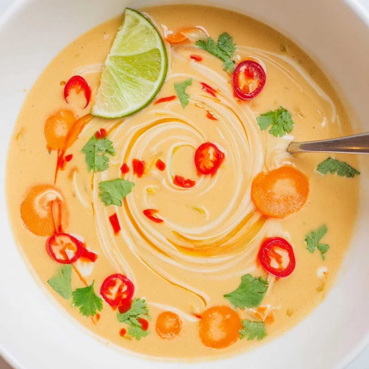 Steaming bowl of Ginger Lemongrass Coconut Soup, creamy, fragrant, garnished with cilantro