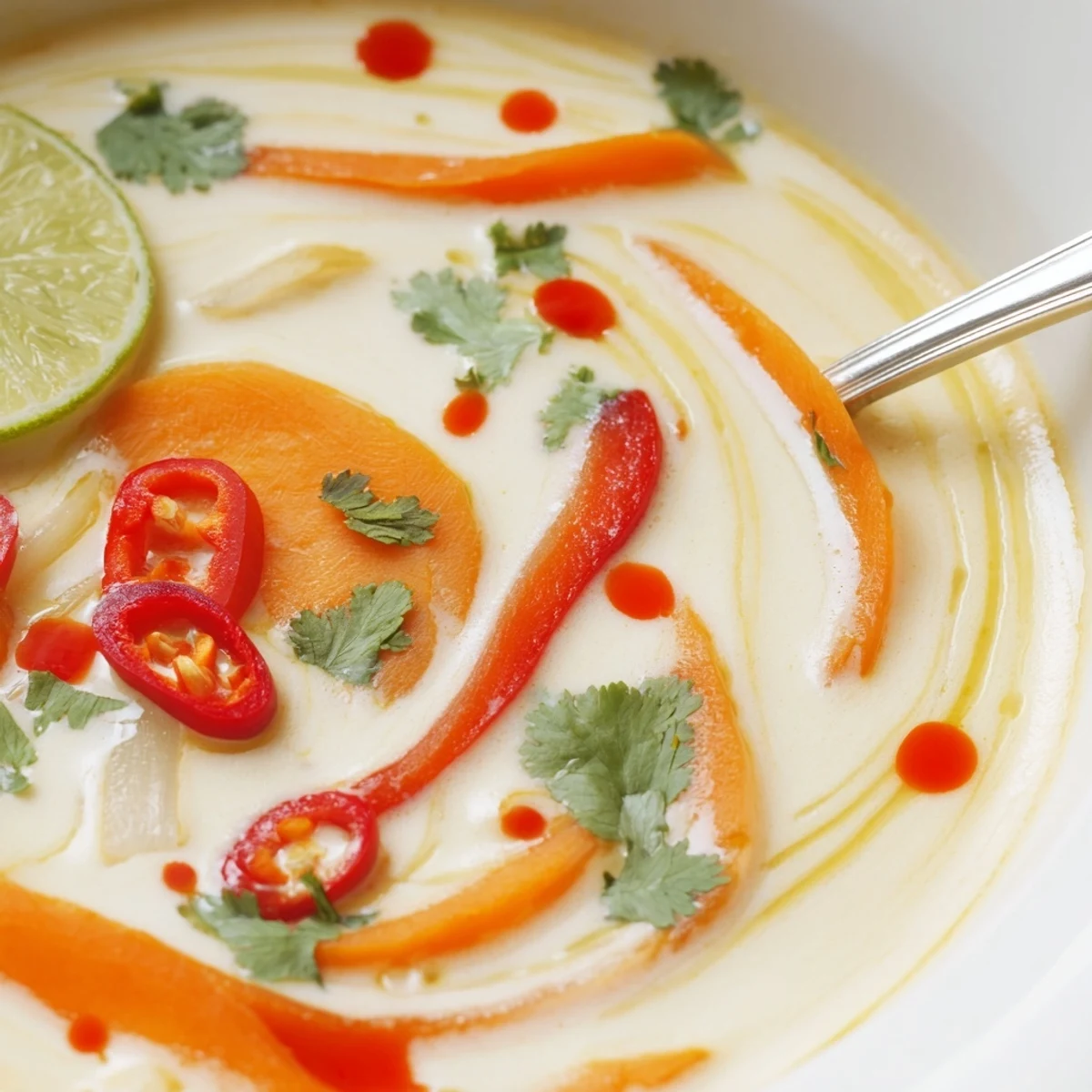 Silky Ginger Lemongrass Coconut Soup with lime, sliced chili, and warm rice