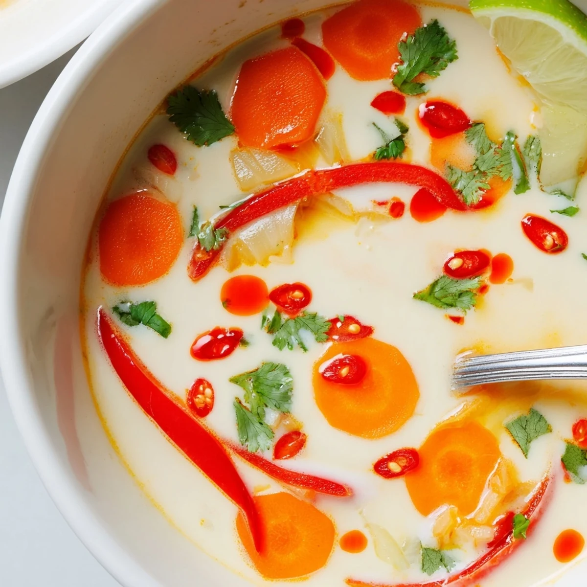 Homemade Ginger Lemongrass Coconut Soup simmered with carrots and bell pepper, aromatic
