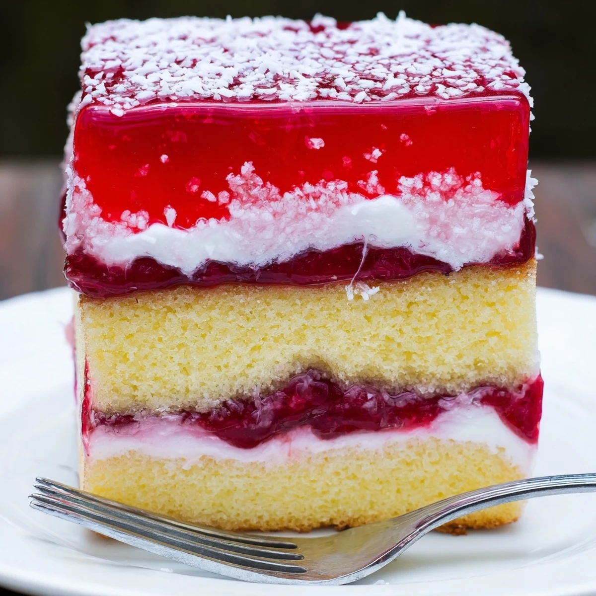 Close up of Old Fashioned Pink Jelly Cakes: fluffy sponge, glossy jelly coating