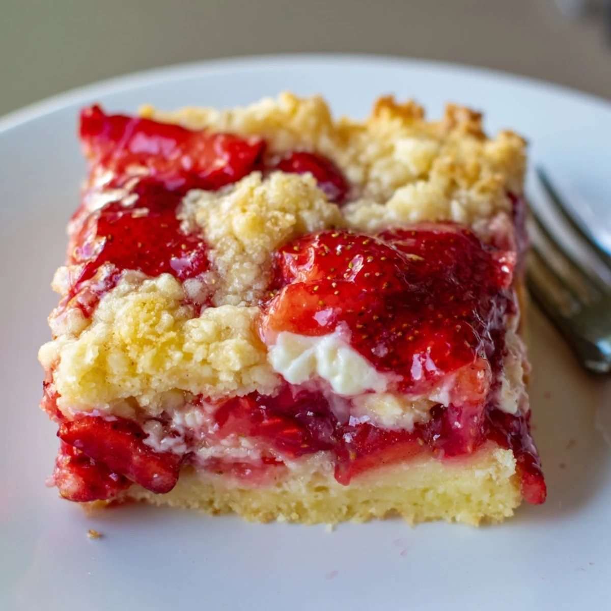 Strawberry Cheesecake Dump Cake served warm with a scoop of vanilla ice cream