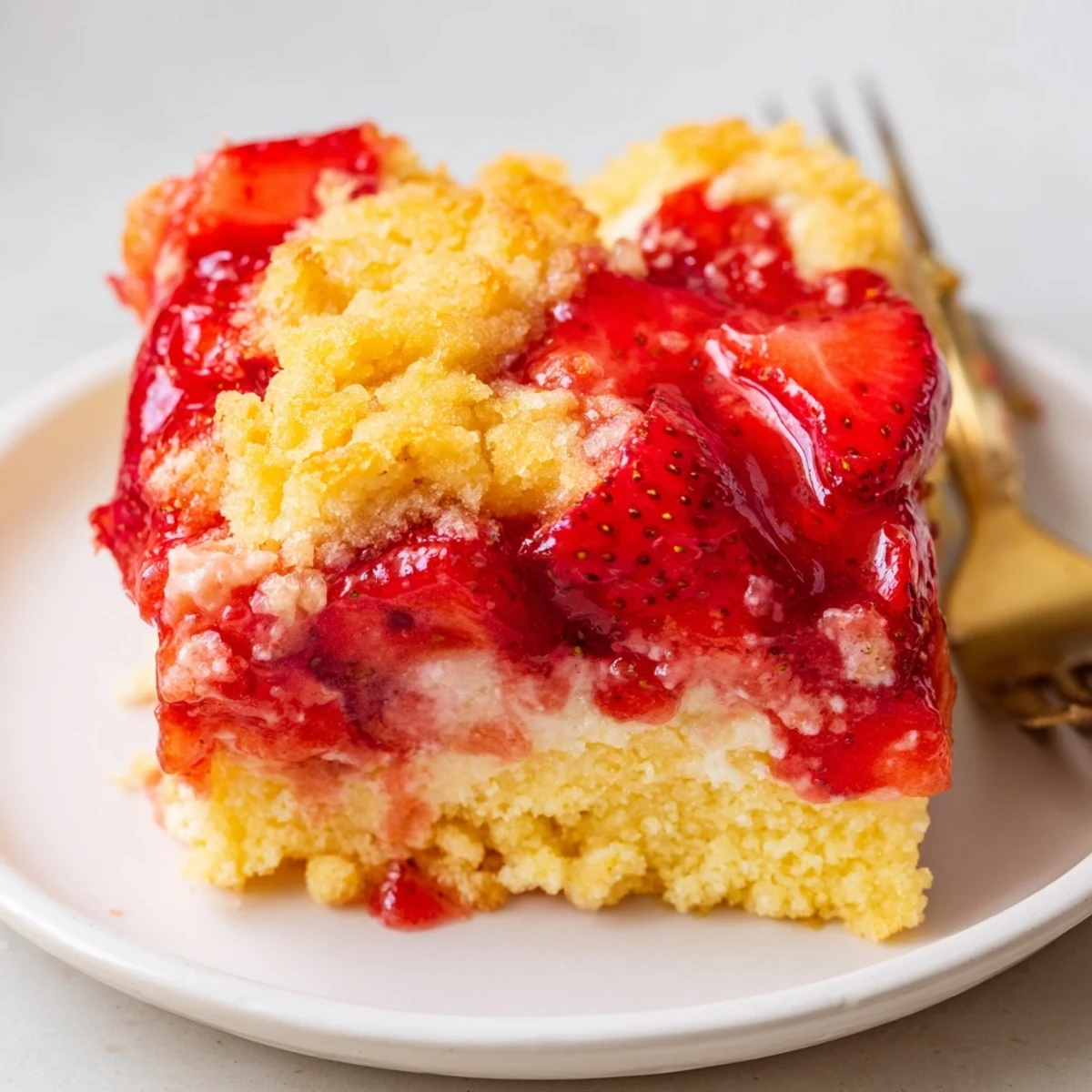 Warm Strawberry Cheesecake Dump Cake, golden crust with bubbling creamy strawberry filling