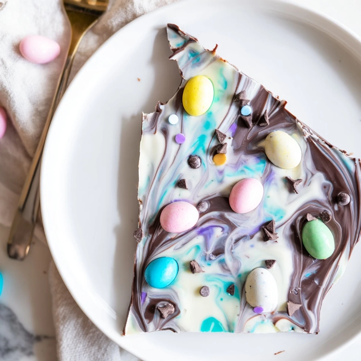 Robin Egg Easter Bark broken into glossy pieces, pastel candies and sprinkles