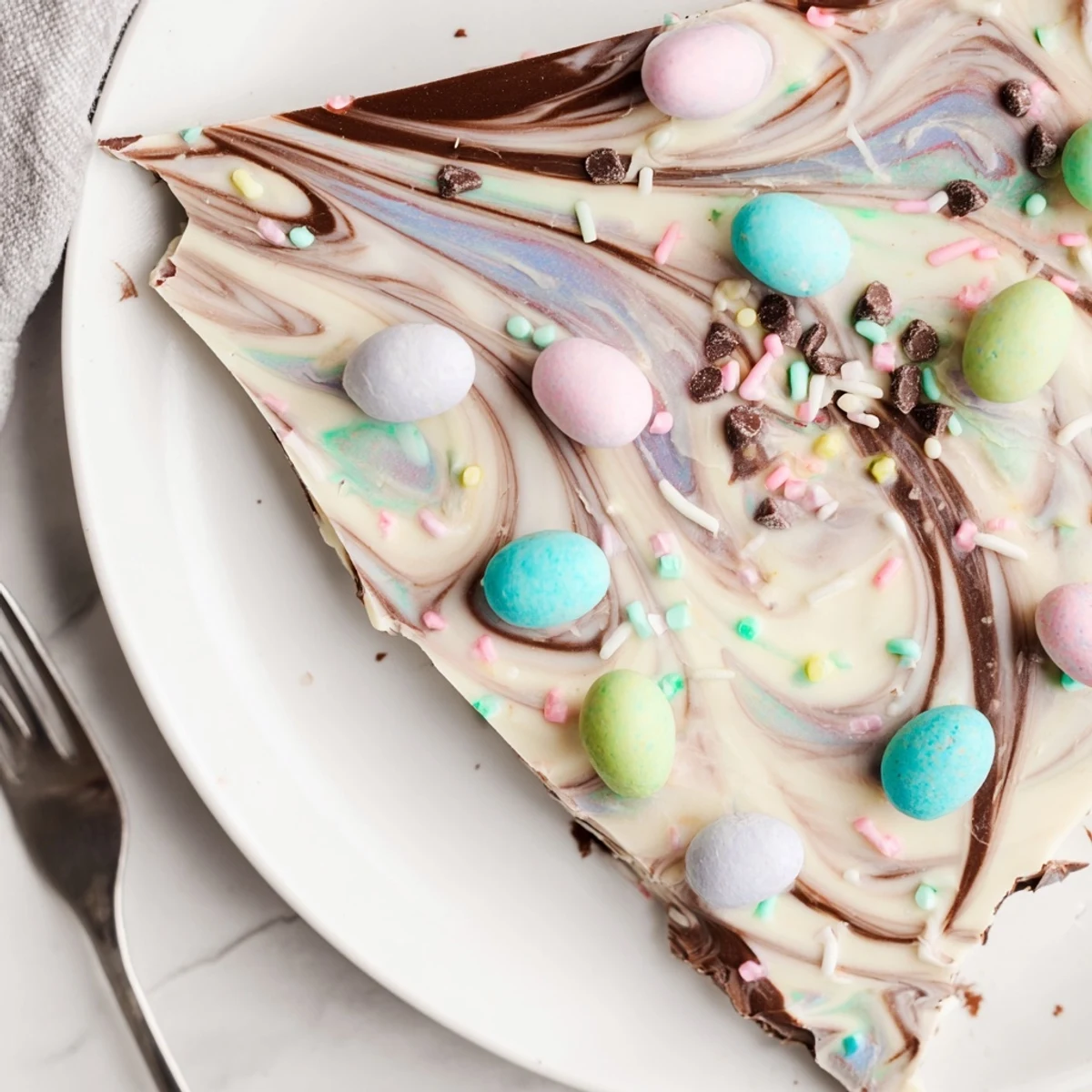 Close up of marbled chocolate Robin Egg Easter Bark studded with candy eggs