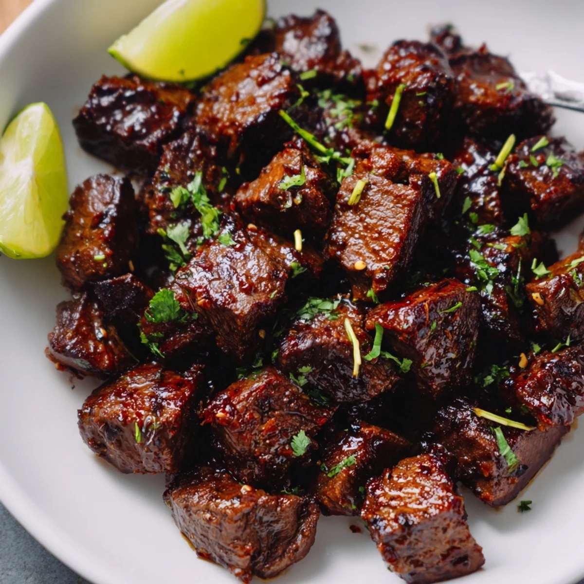 Sweet Spicy Jerk Style Beef Bites sizzling in skillet with caramelized edges
