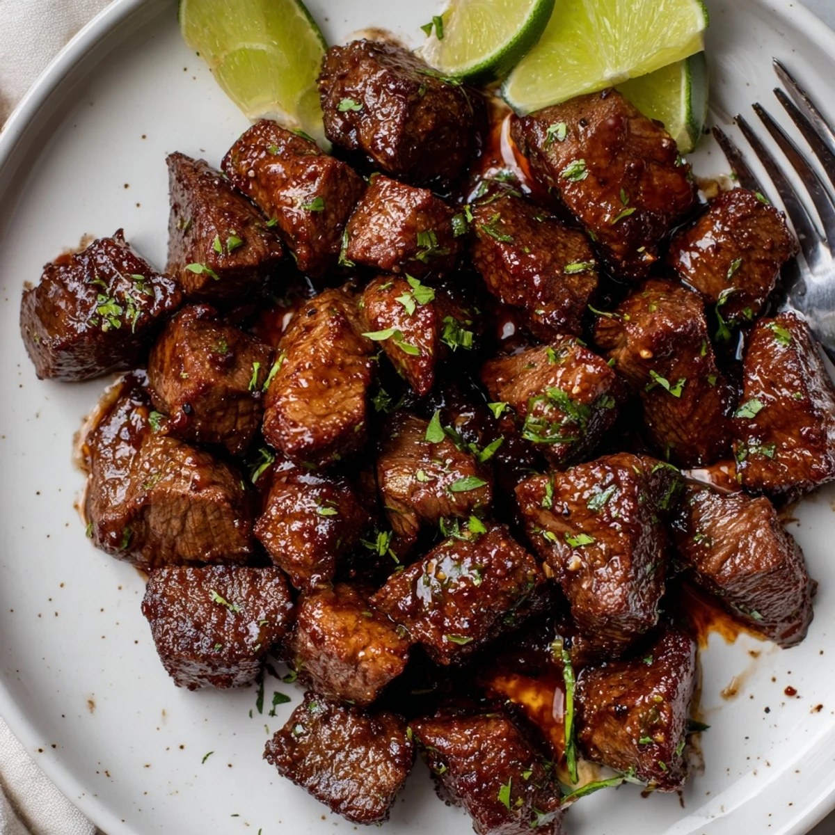 Charred cubes of Sweet Spicy Jerk Style Beef Bites garnished with cilantro
