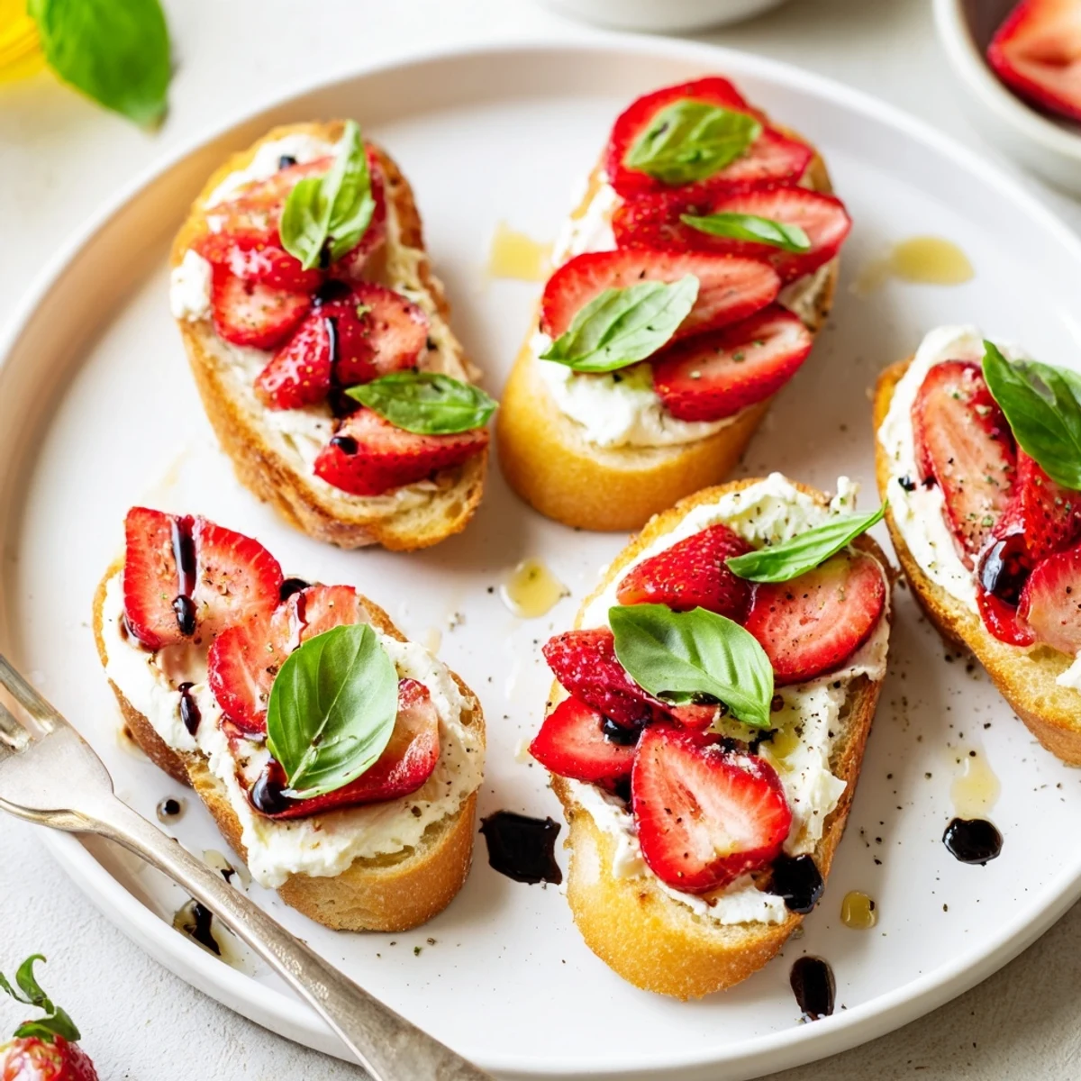 Strawberry Ricotta Bruschetta on toasted baguette, creamy ricotta, glossy balsamic drizzle