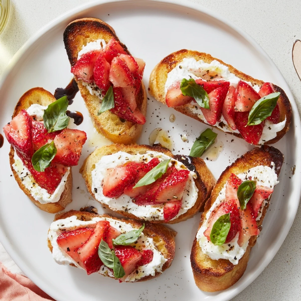 Warm Strawberry Ricotta Bruschetta topped with fragrant basil and honey sheen
