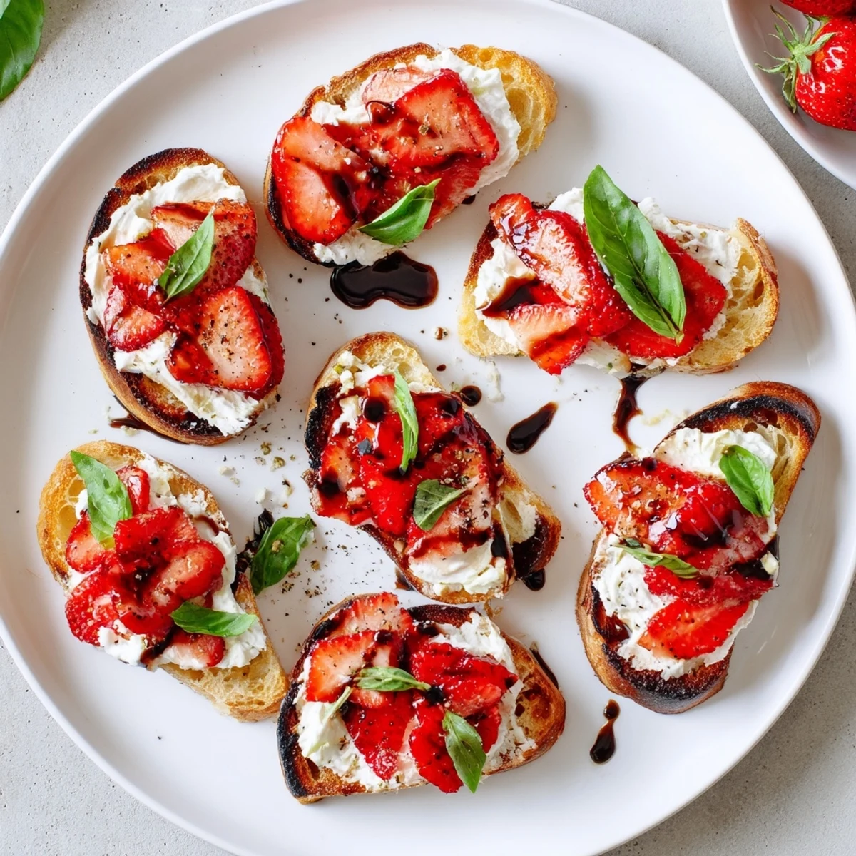Elegant Strawberry Ricotta Bruschetta appetizer with juicy strawberries and cracked black pepper