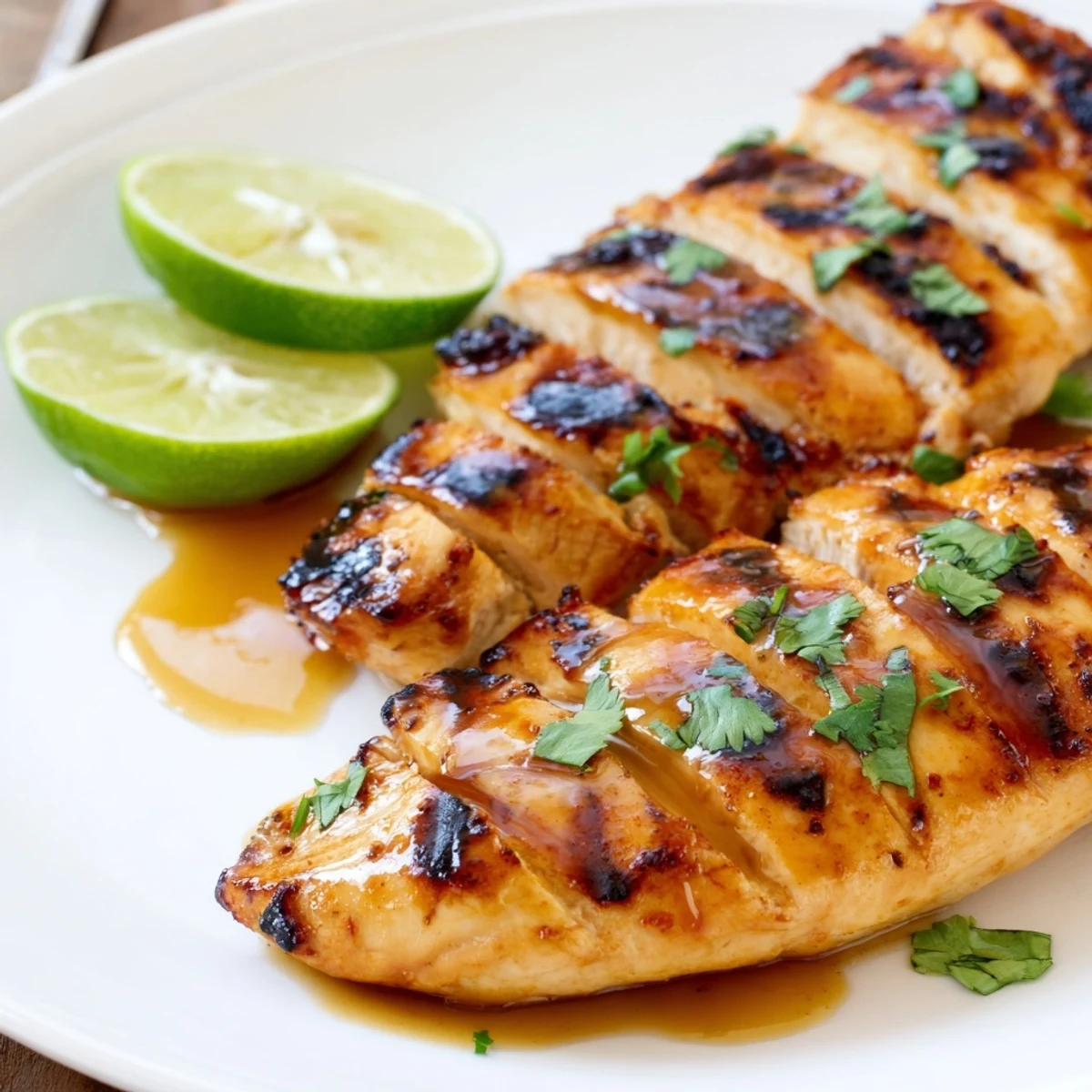Key West Grilled Chicken With Tropical Citrus Marinade sliced, juicy interior and cilantro garnish