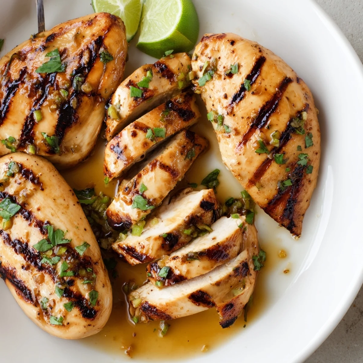 Key West Grilled Chicken With Tropical Citrus Marinade resting on plate beside lime wedges