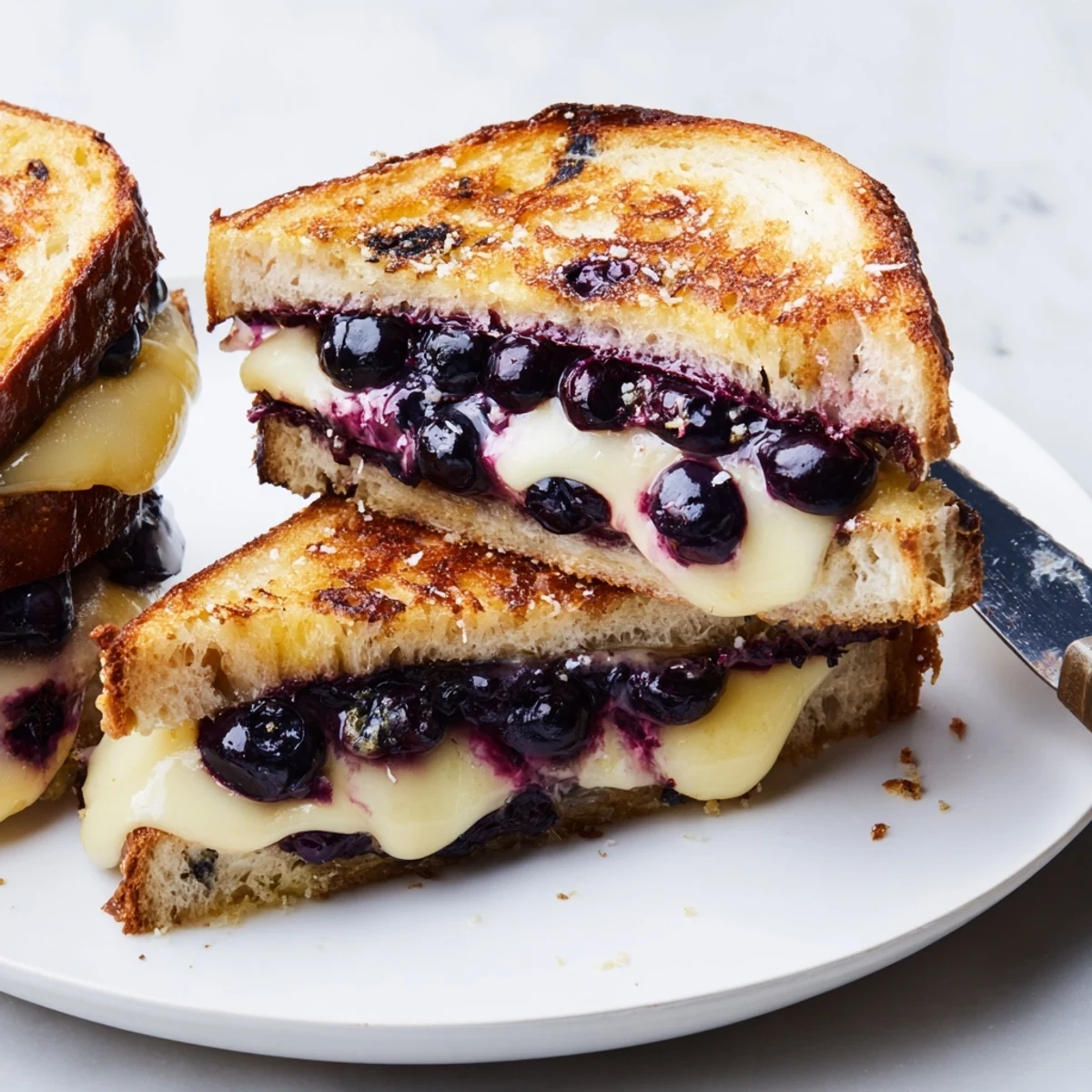 Buttery skillet-seared Crispy Blueberry Grilled Cheese served with lemon-zested honey drizzle