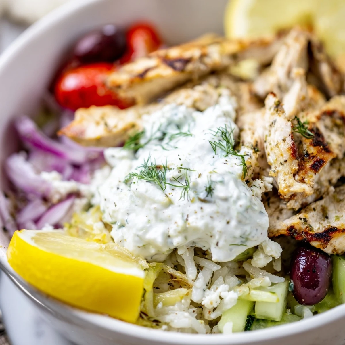 Greek Chicken Bowls with juicy grilled chicken, tangy tzatziki, vibrant veggies.