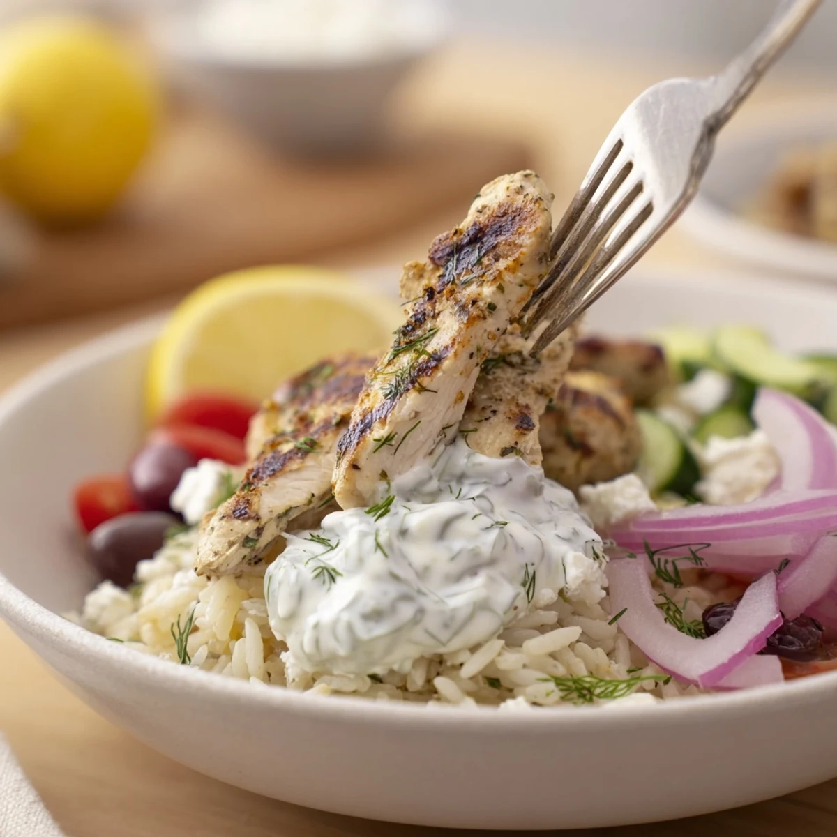 Colorful Greek Chicken Bowls served over herbed rice, feta crumbles, lemon wedges.