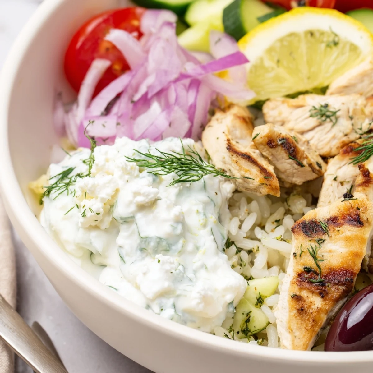 Homestyle Greek Chicken Bowls: warm marinated chicken, crisp cucumber, smoky paprika.