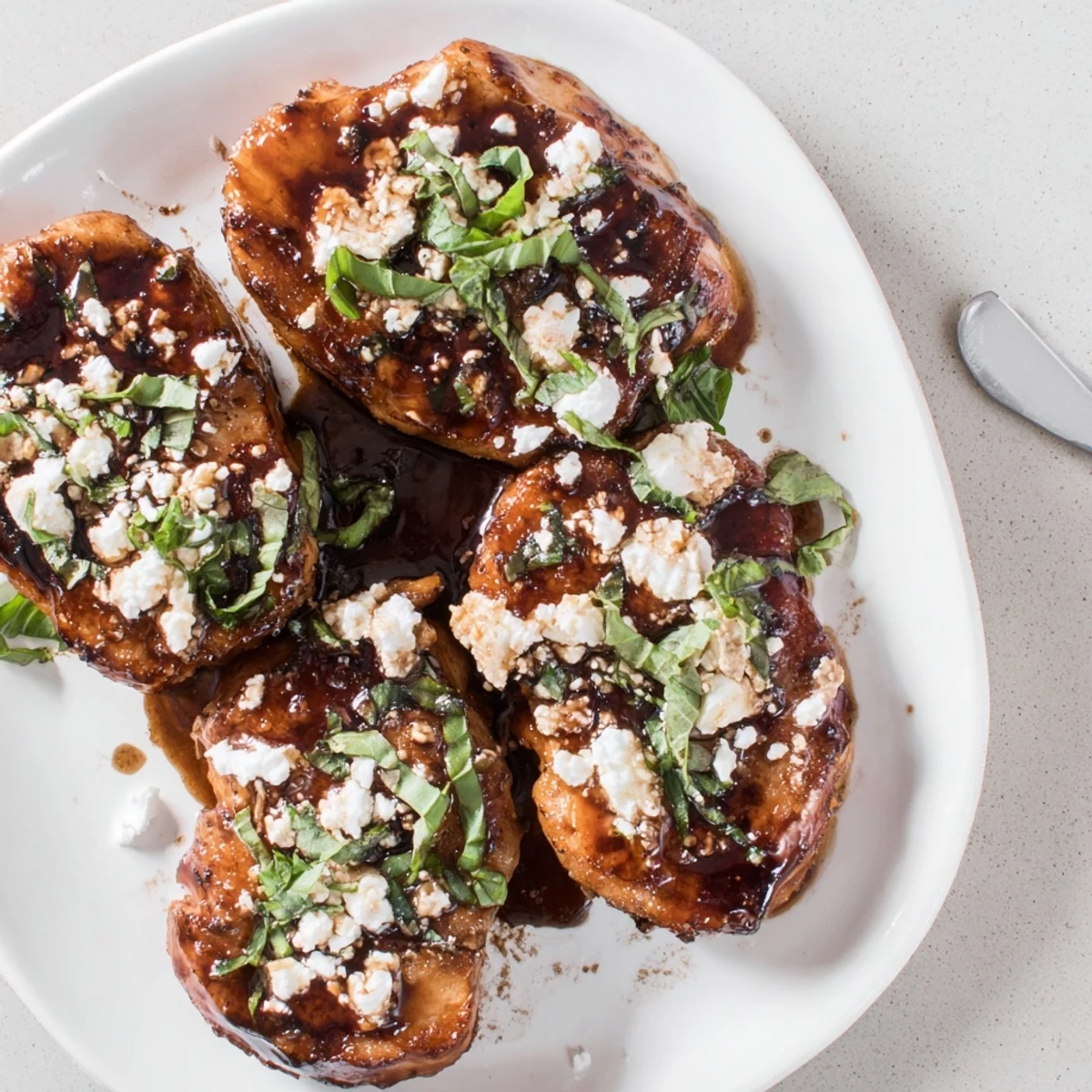 Sweet Tangy Balsamic Chicken with Goat Cheese & Basil glazed, warm, aromatic