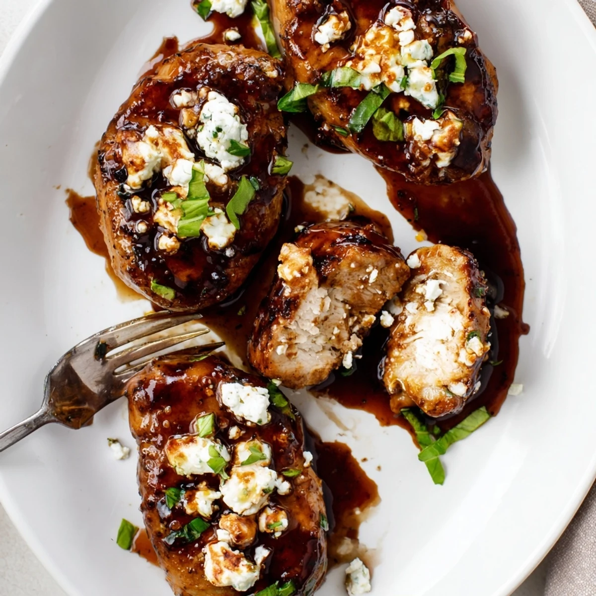 Oven-baked Sweet Tangy Balsamic Chicken with Goat Cheese & Basil, creamy topping