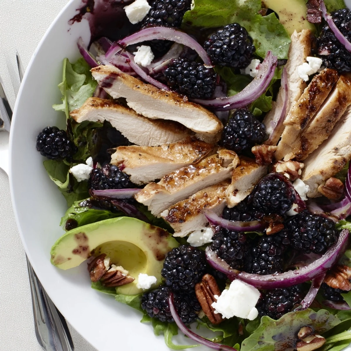 Sweet Tangy Blackberry Chicken Salad Recipe served with creamy avocado, crunchy toasted pecans