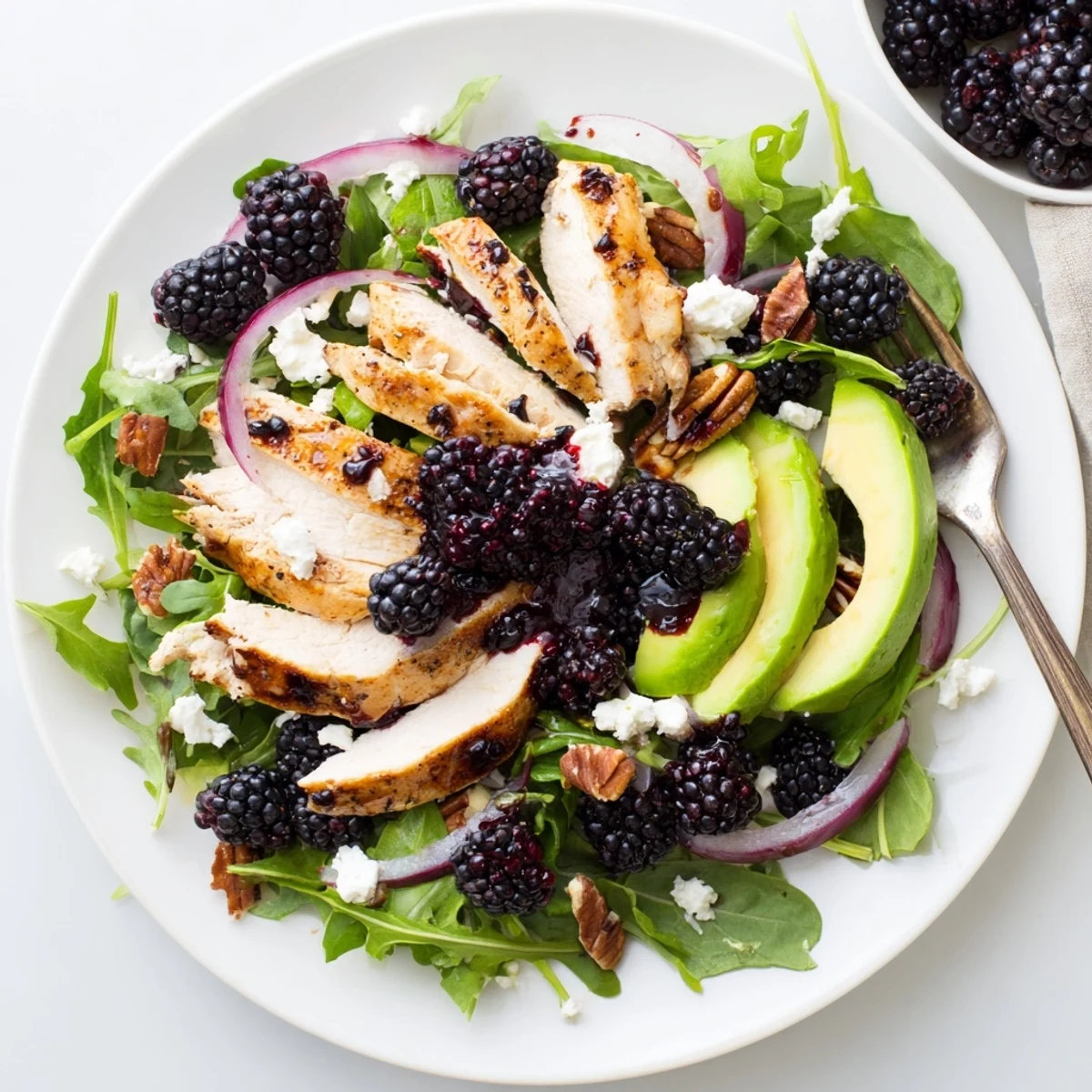 Drizzled with velvety balsamic, Sweet Tangy Blackberry Chicken Salad Recipe looks fork-ready