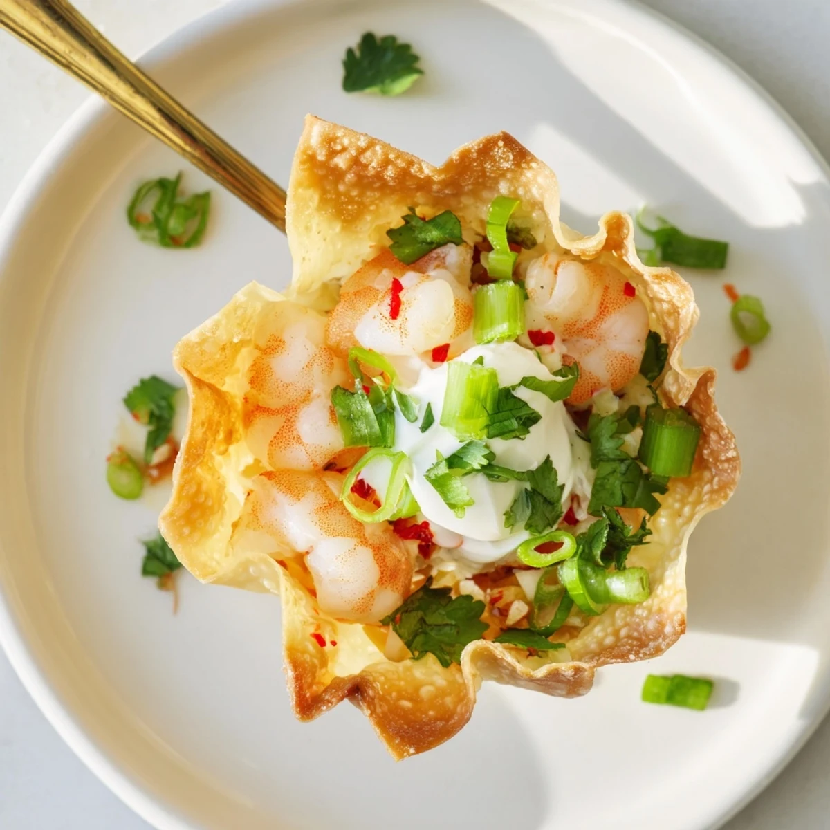 Crispy Shrimp Wonton Cups With Lime Cream, golden baked shells topped with zesty cream.