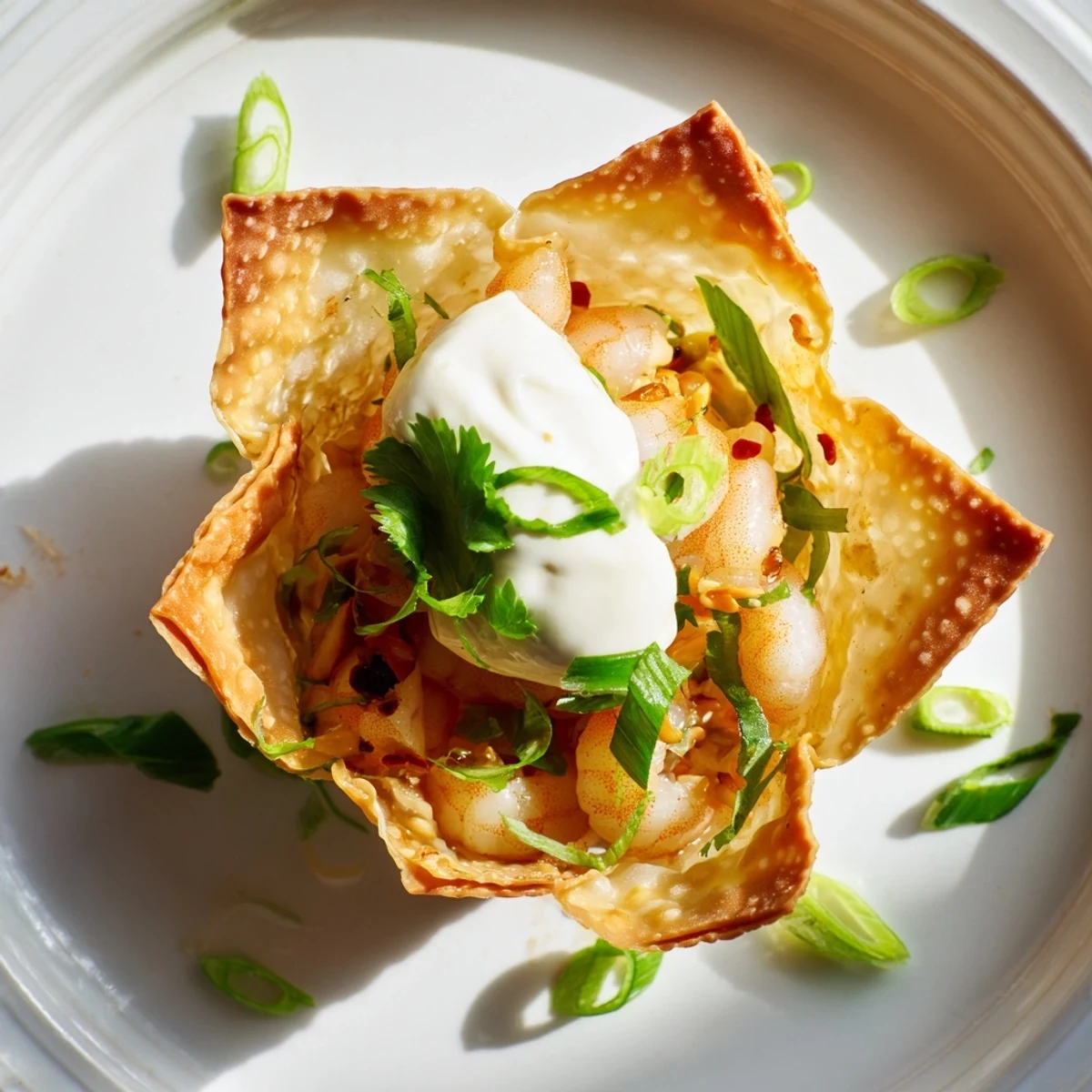 Plump shrimp in Crispy Shrimp Wonton Cups With Lime Cream, fragrant and tangy.