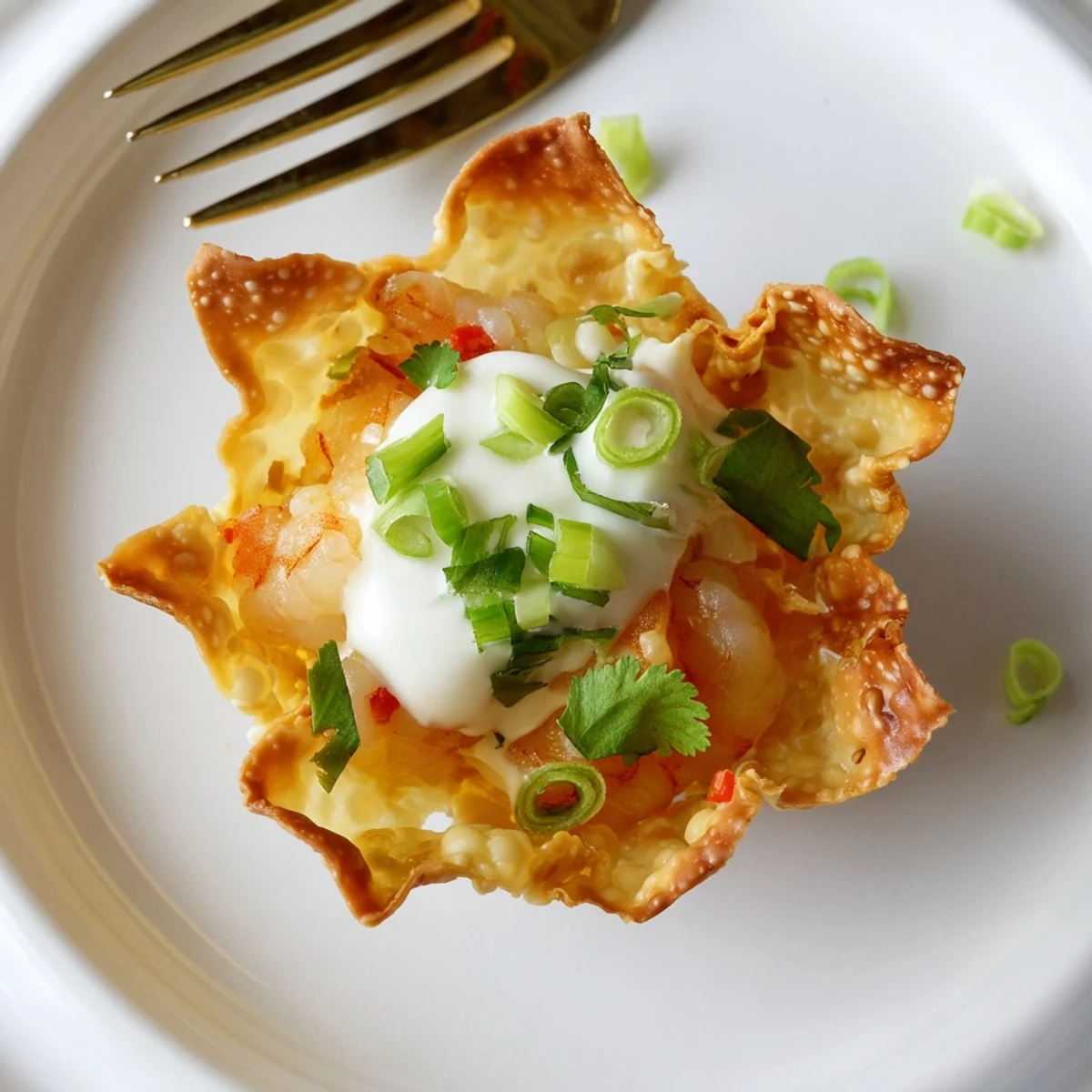 Serve warm Crispy Shrimp Wonton Cups With Lime Cream on a party platter.