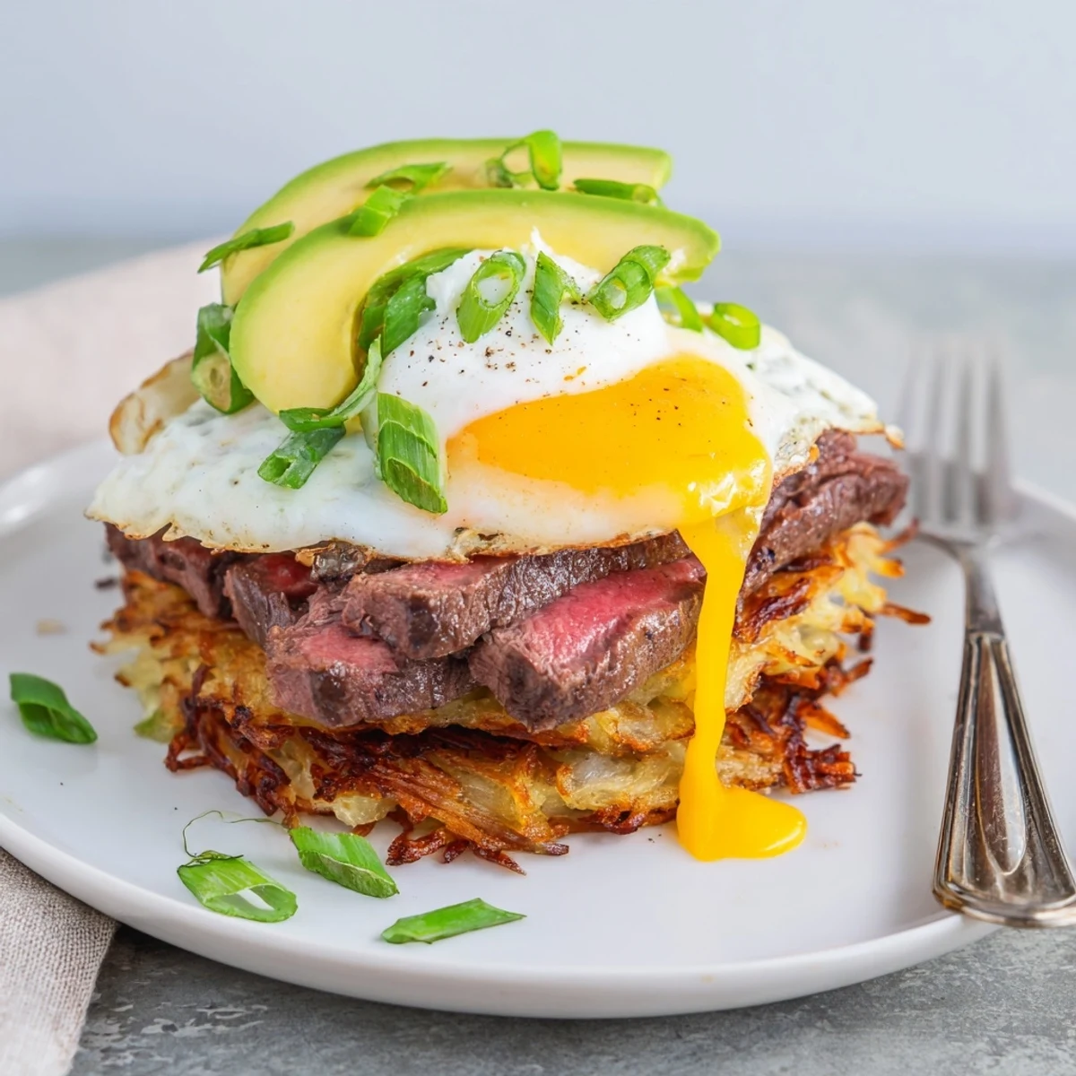 Morning plate of Loaded Steak Egg Hash Brown Stacks topped with runny egg