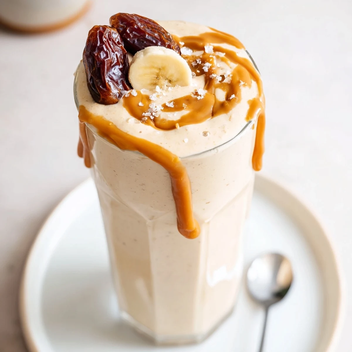 Thick chilled Salted Caramel Protein Smoothie with sea salt sprinkle, post-workout treat