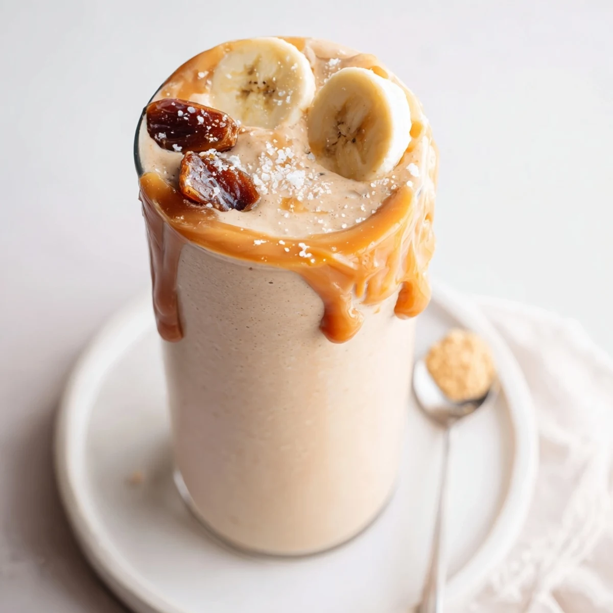 Creamy Salted Caramel Protein Smoothie topped with caramel drizzle, ready for breakfast