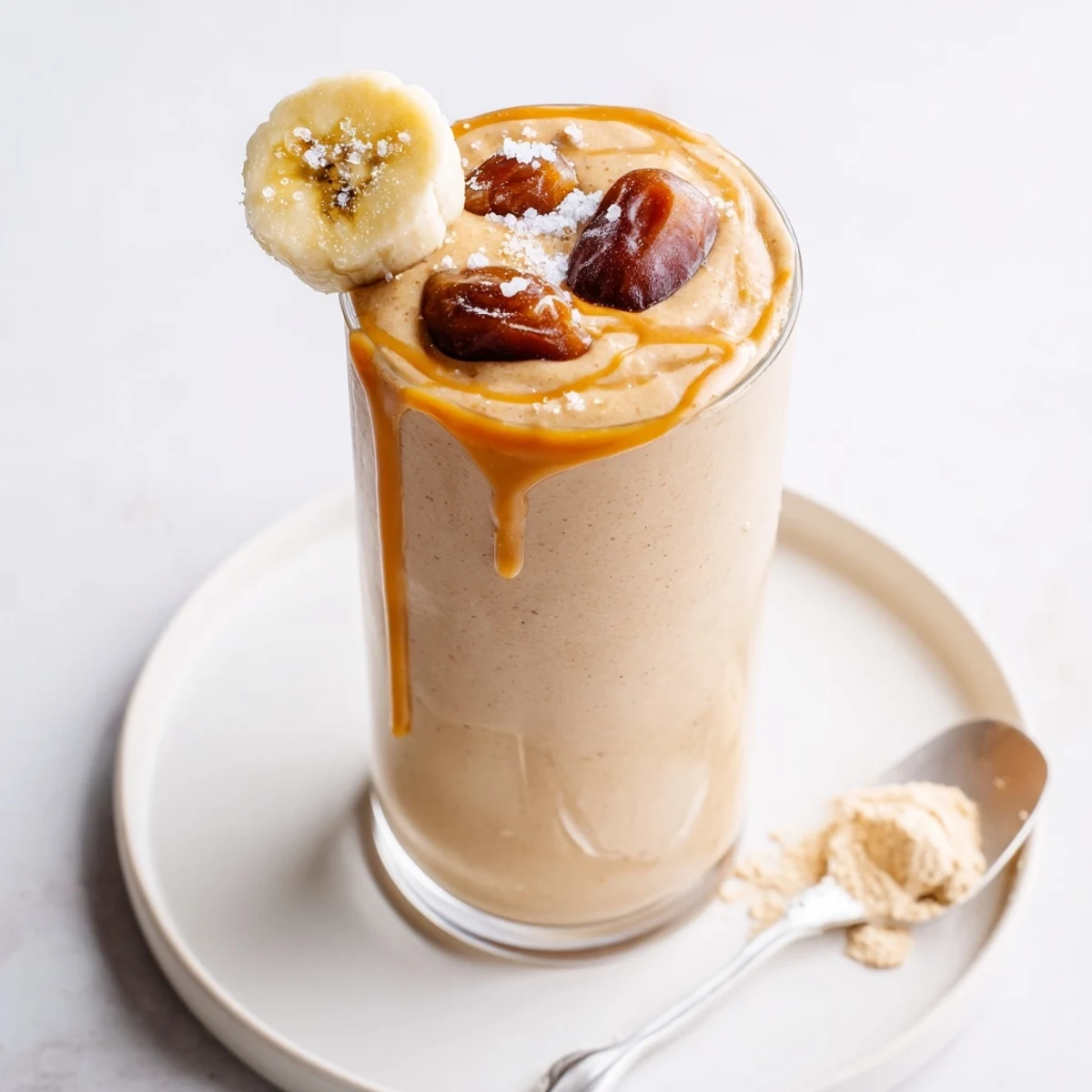 Velvety Salted Caramel Protein Smoothie swirled in glass, banana and almond aroma