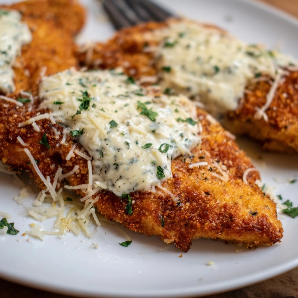 Longhorn Steakhouse Parmesan Chicken with golden crust, melted cheese, and creamy ranch drizzle