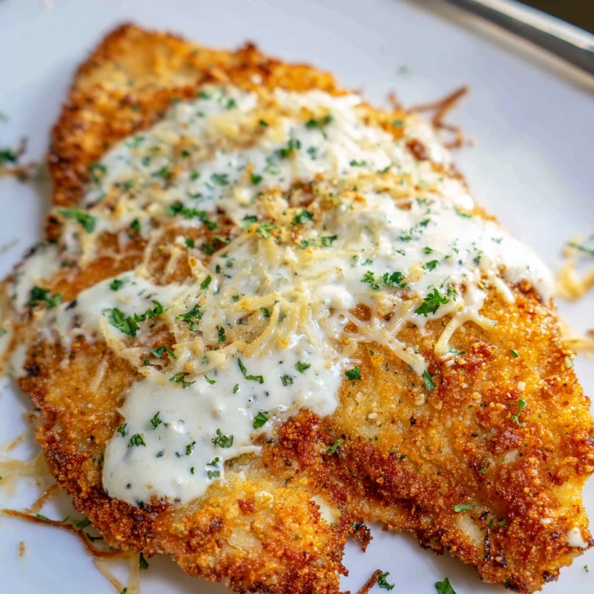 Oven-baked Longhorn Steakhouse Parmesan Chicken served hot atop mashed potatoes, sprinkled parsley