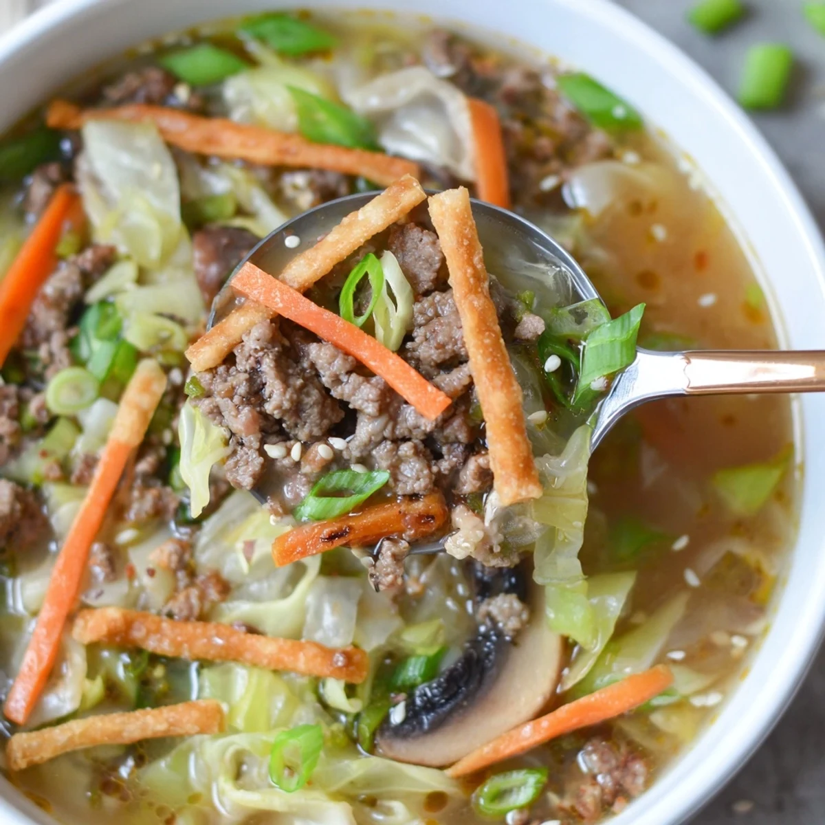 Savory Asian Beef Egg Roll Soup steaming in bowl with crispy wonton topping