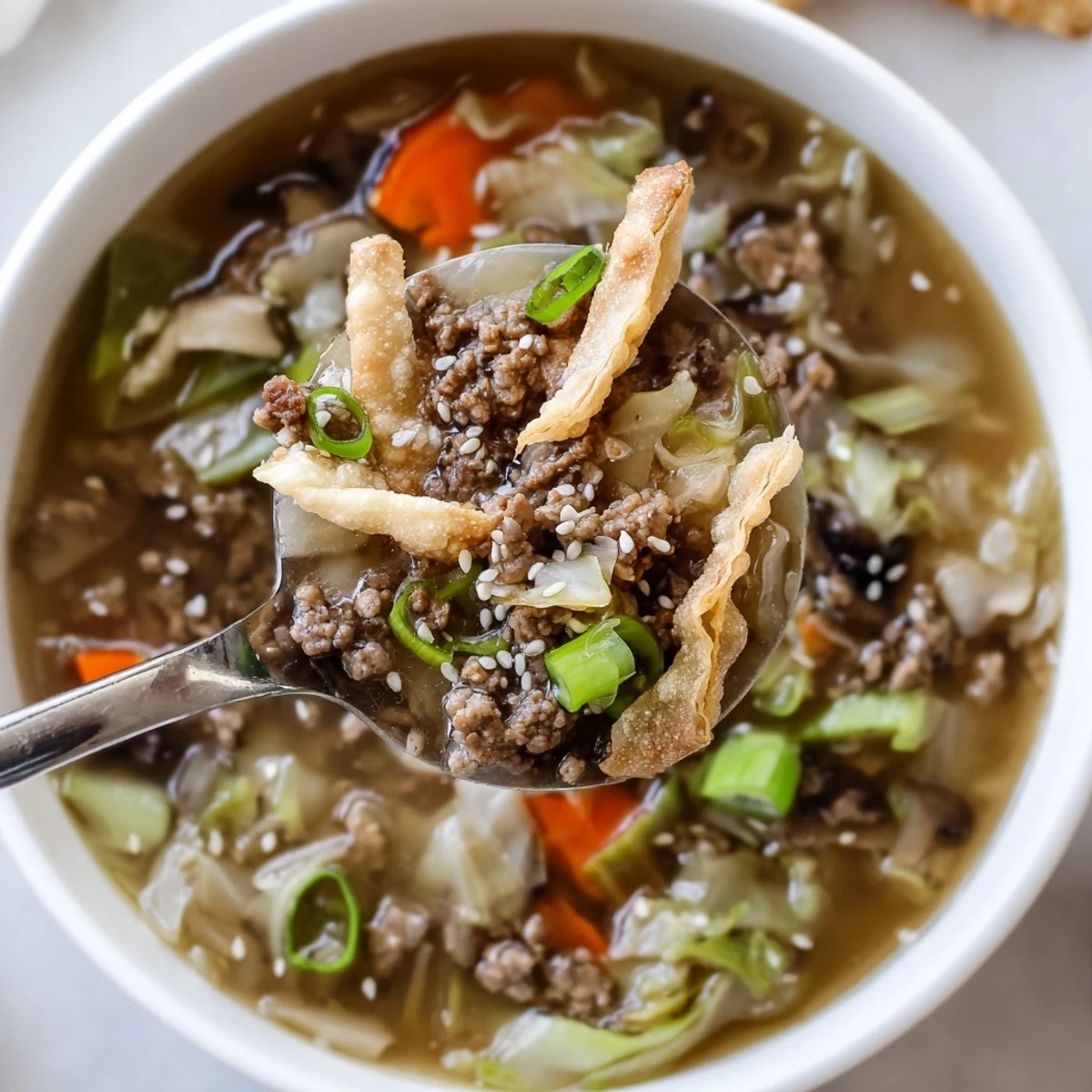 Savory Asian Beef Egg Roll Soup fragrant with ginger, sesame, scallions, served hot