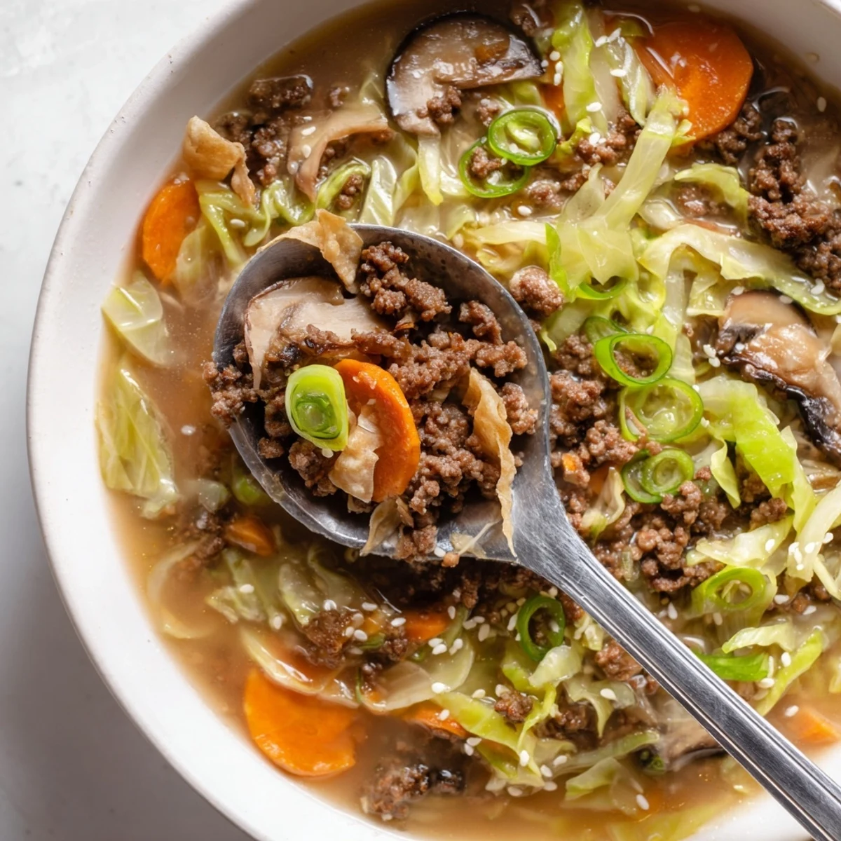 Savory Asian Beef Egg Roll Soup hearty beef and cabbage broth topped with sesame