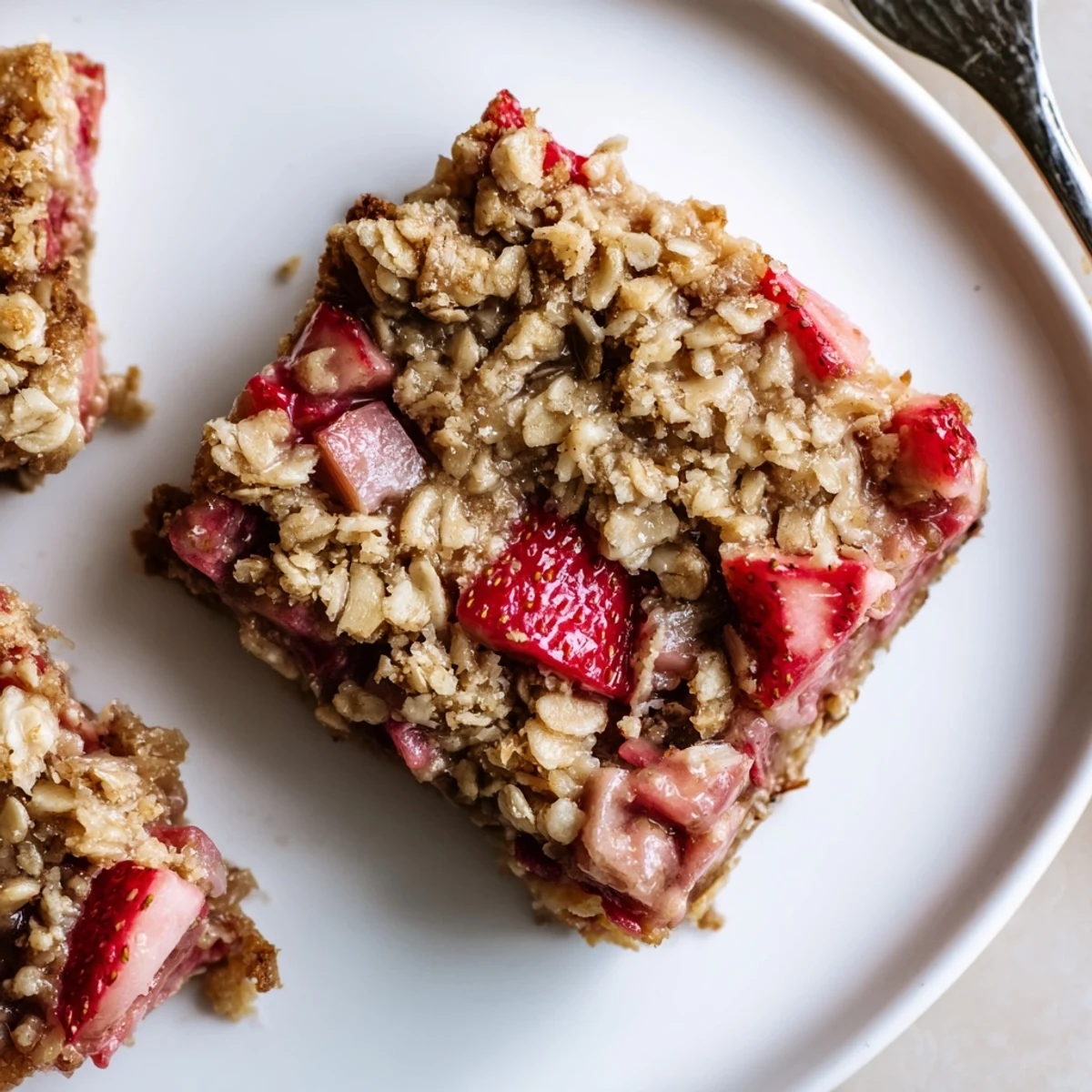 Warm Strawberry Rhubarb Crumble Bars served with a melting scoop of vanilla ice cream