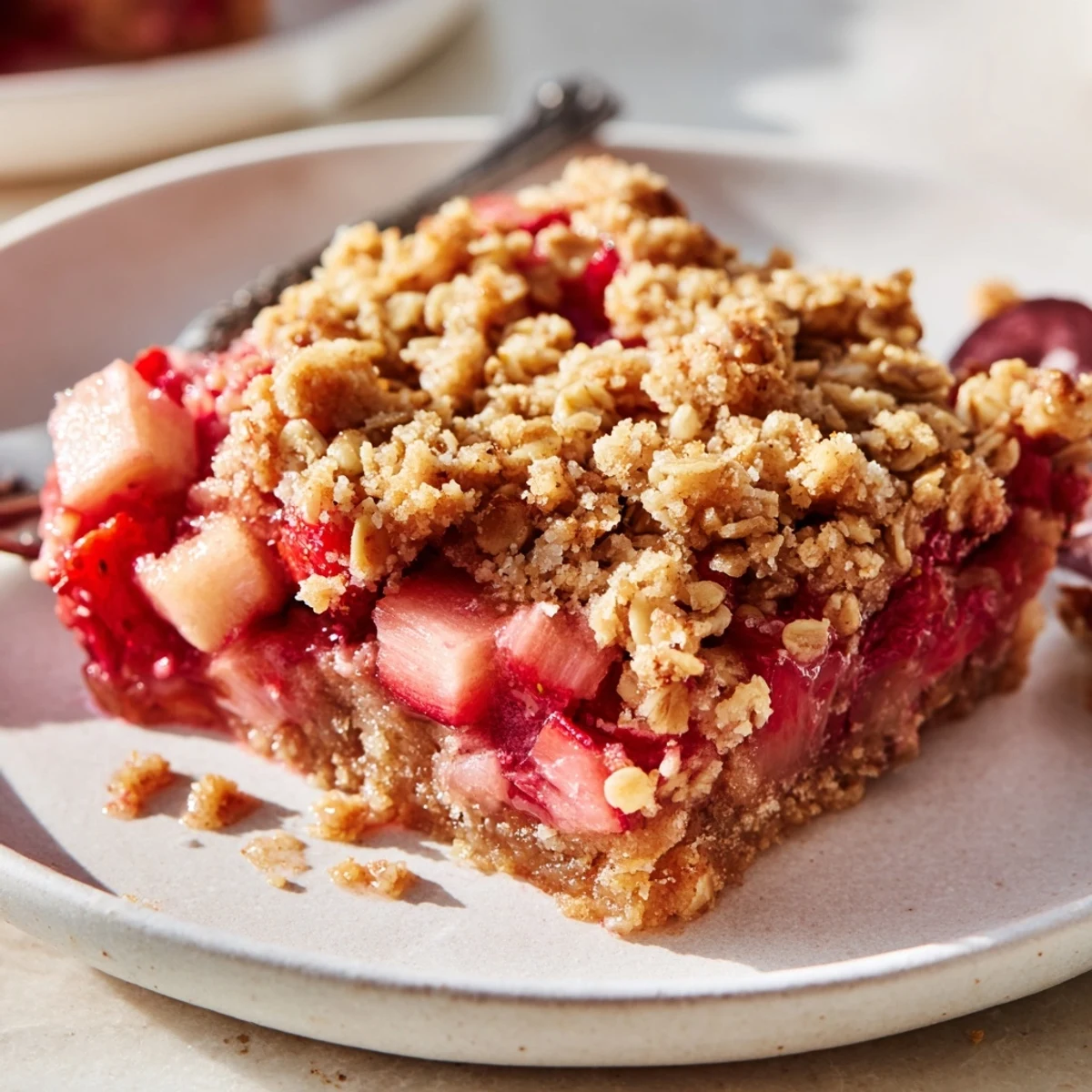 Strawberry Rhubarb Crumble Bars showing buttery crust, tart-sweet filling and crumbs
