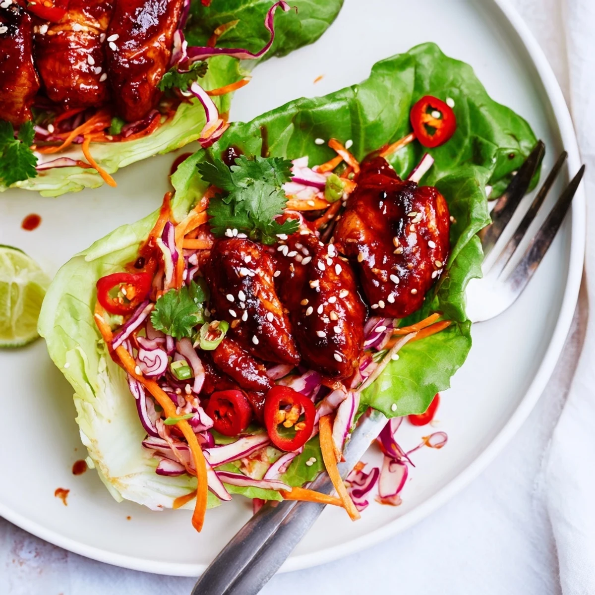 Fiery Korean Chicken Lettuce Wraps With Crunchy Slaw, caramelized chicken and tangy lime wedges