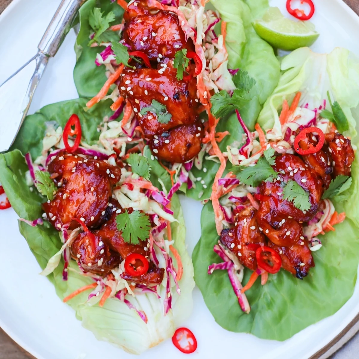 Crisp butter lettuce holds Fiery Korean Chicken Lettuce Wraps With Crunchy Slaw for parties